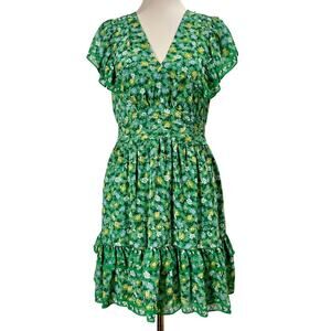 Max Studio Fit & Flare Mini Dress Smocked Back Waist Green Floral Print Sz Small